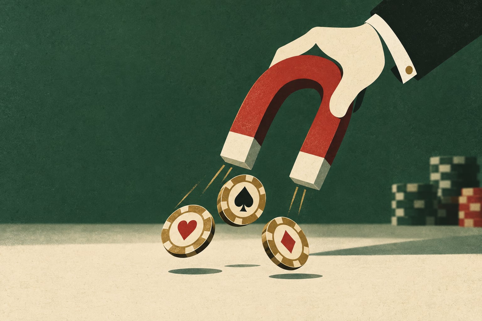 A hand holds a big magnet above three scattered metal discs, pulling them up together in one sweep.