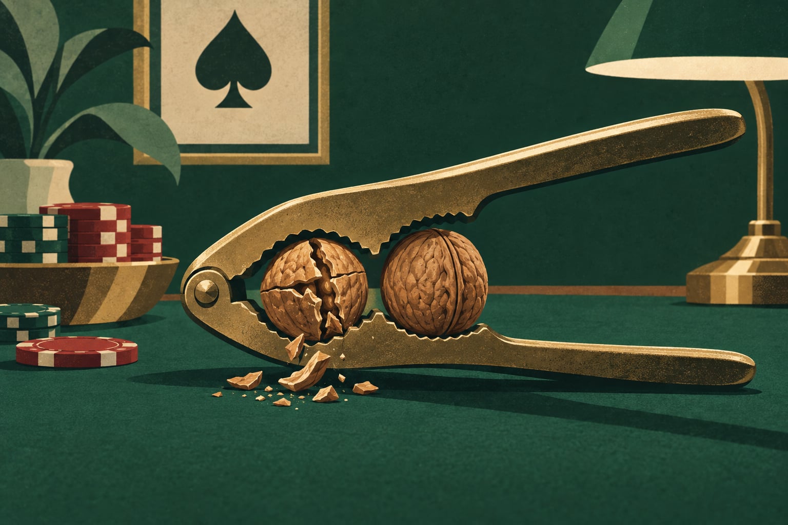A nutcracker squeezing two nuts together: one shell cracks open, the other holds firm.